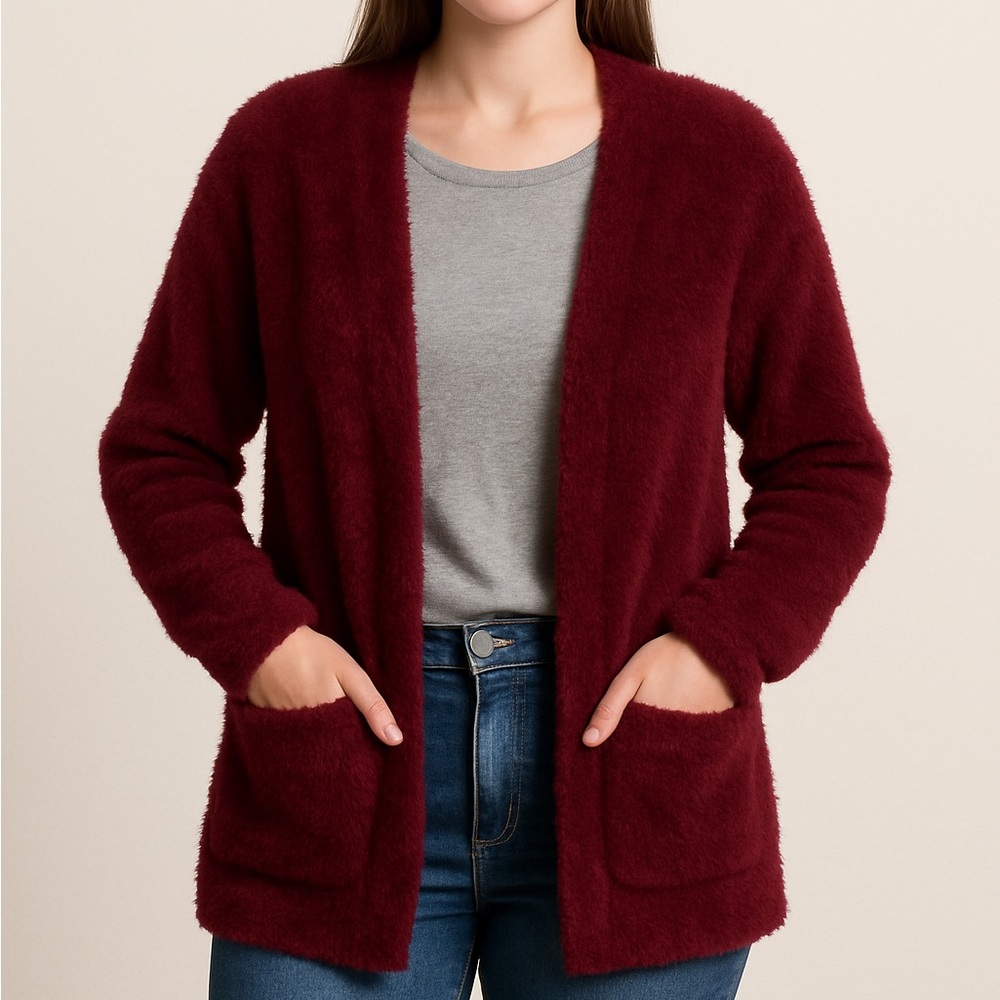 VICI Flawless Maroon Fuzzy Open Front Cardigan XS/S Cozy Soft Sweater Jacket